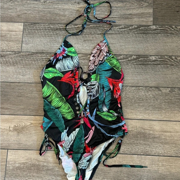 NWT Women Black Floral Deep V Neck Halter Plunging Backless One Piece Swimsuit - Picture 8 of 10